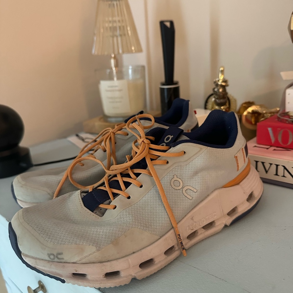 On Running White and Blue Athletic Shoes with Cushioned Sole